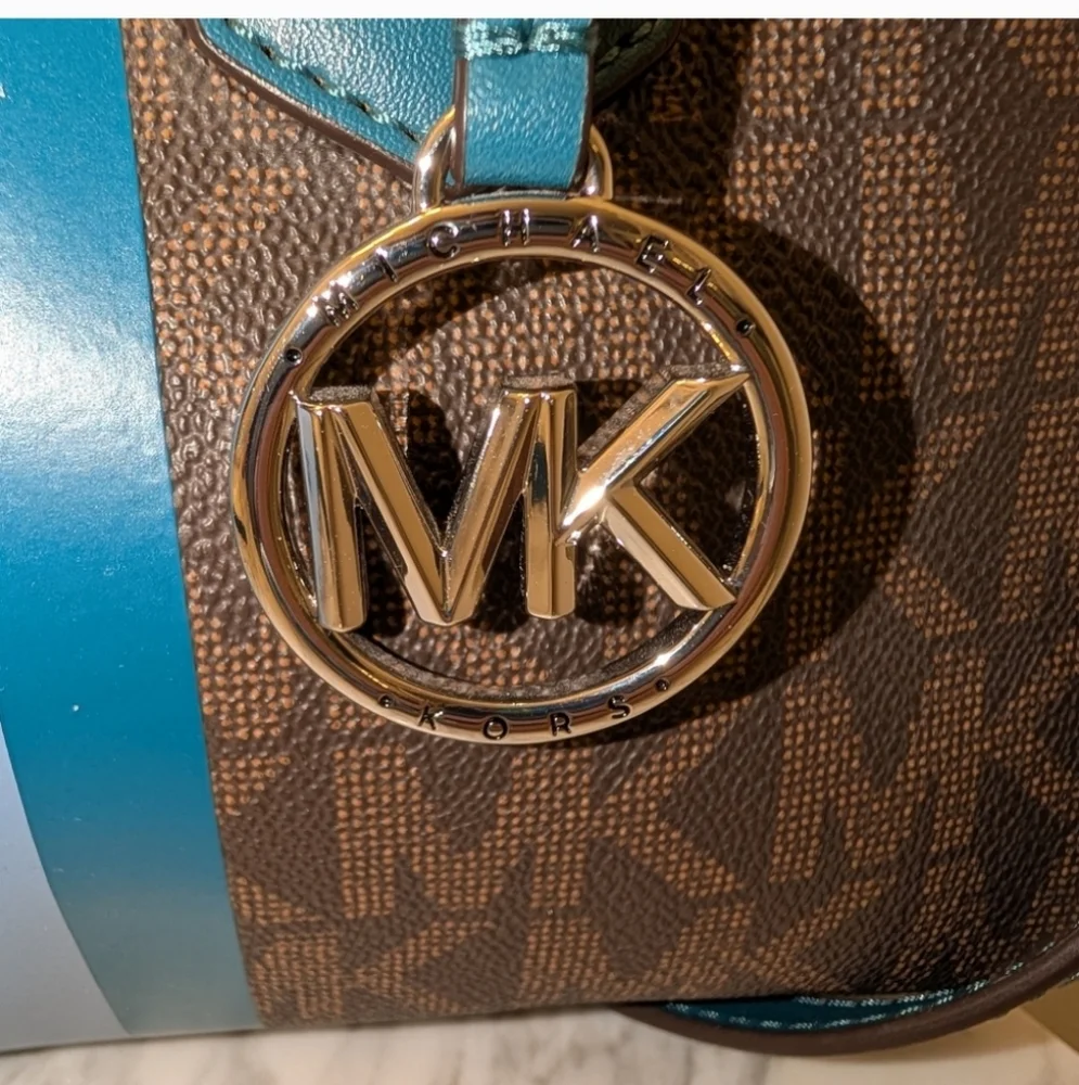 Michael Kors Brown Satchel with Teal and Light Blue Trim